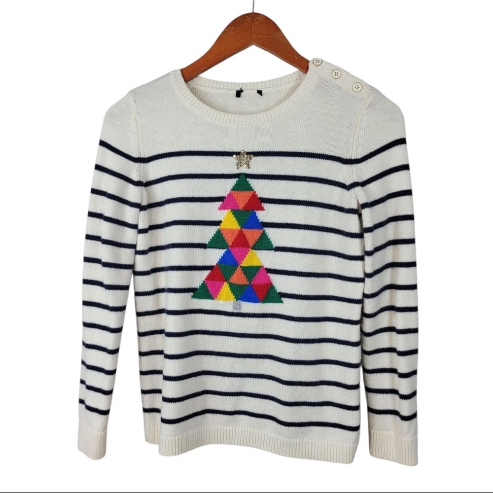Talbots Women’s Sweater Christmas Tree White Stripe Lambswool Blend